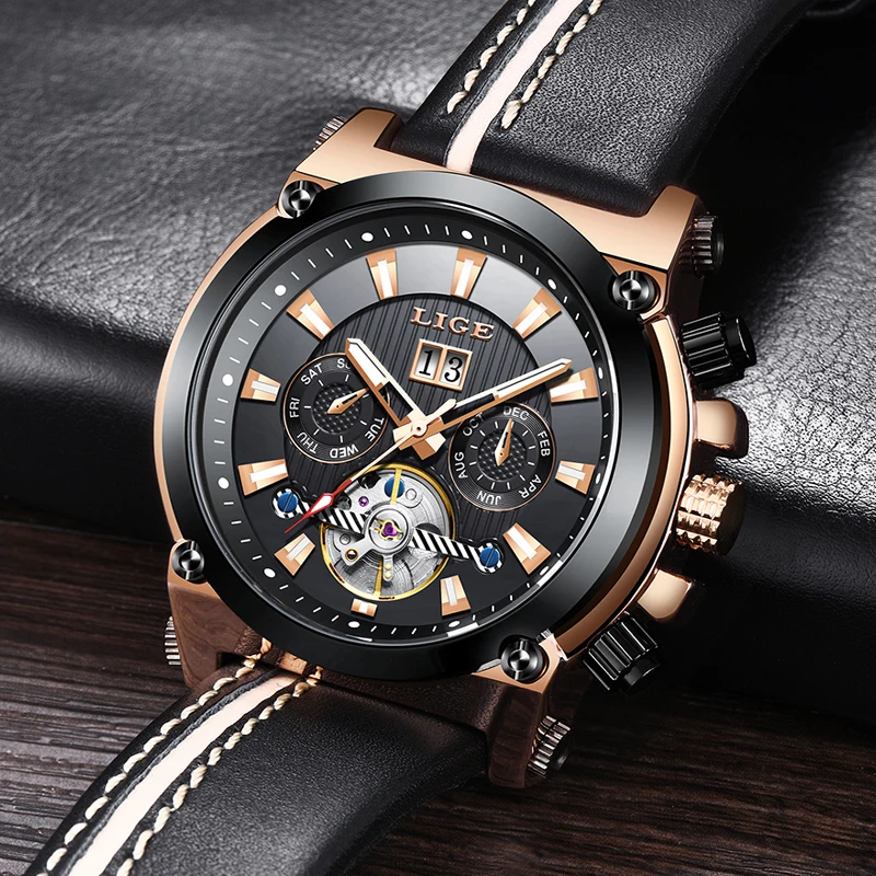 LIGE Роскошные скелетоны Tourbillon спортивные механические часы для мужчин