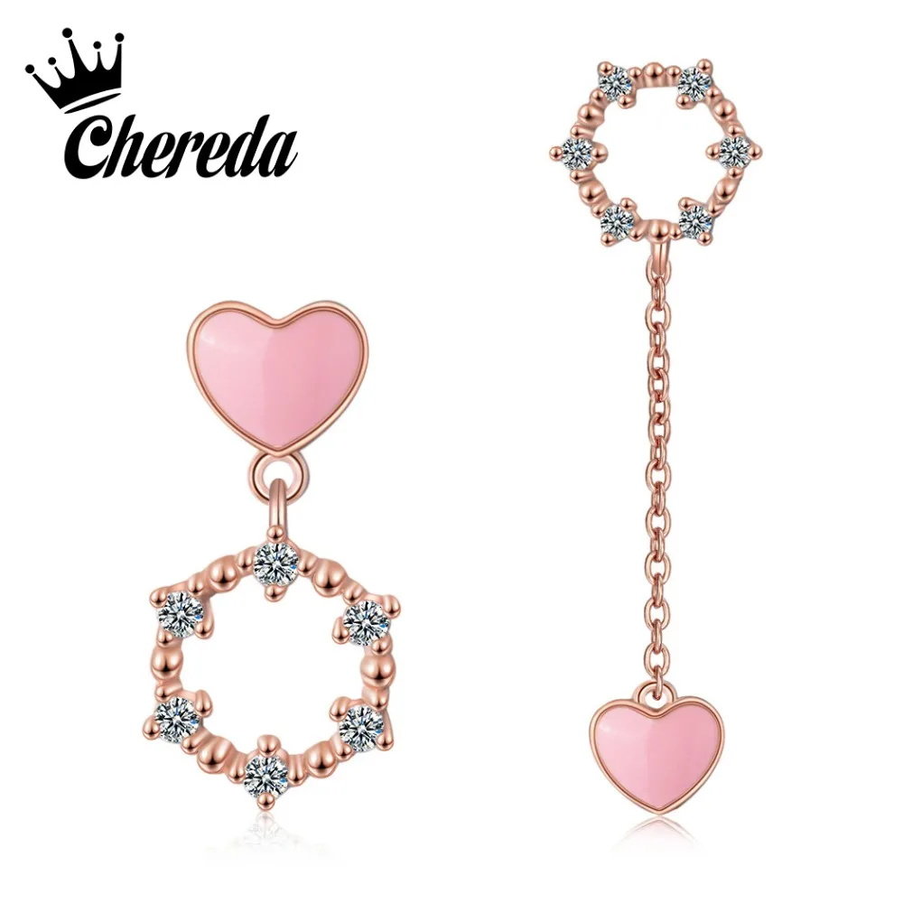 

Chereda 2018 New Korean Style Jewelry Pink Heart Long Drop Earrings For Women Asymmetric Earrings Fashion