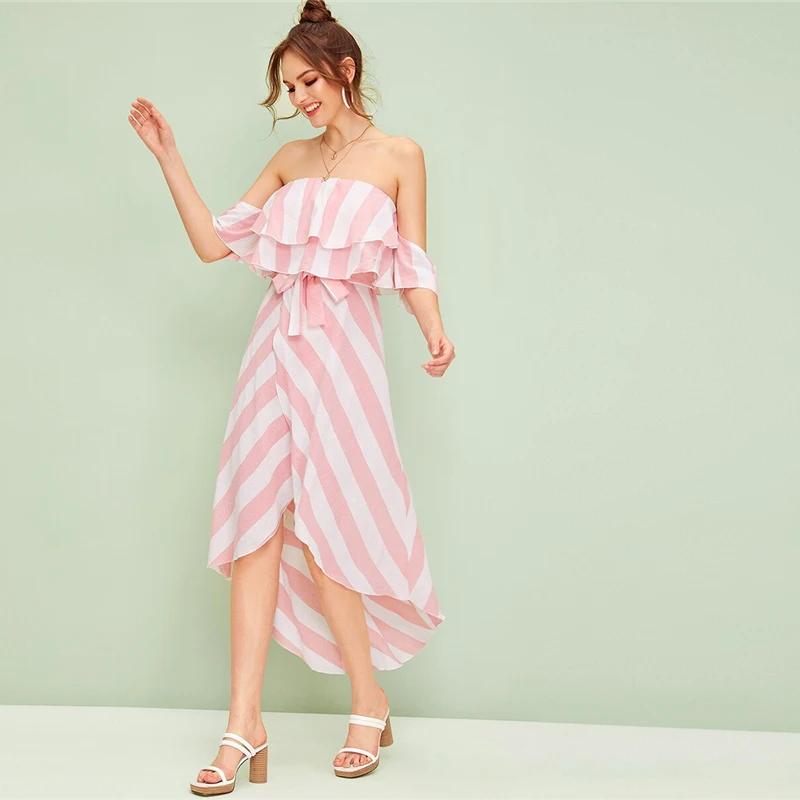 SHEIN, многоцветное длинное платье в полоску с оборкой и тюльпаном, с открытыми плечами, для женщин,, летнее, с высокой талией, Boho wrap Belted, платья