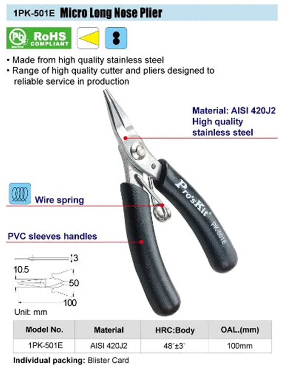 

Stainless Steel Mini Practical Needle-nose Pliers 1PK-501E Anti-corrosion Long Nose Plier