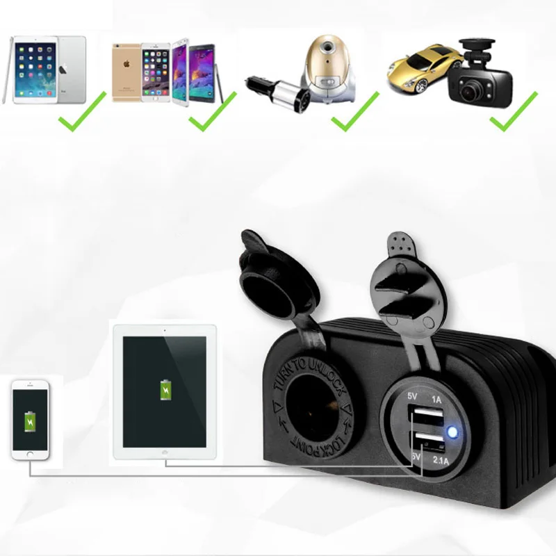 

Автомобильное зарядное устройство с двумя USB-портами для прикуривателя, с двумя отверстиями