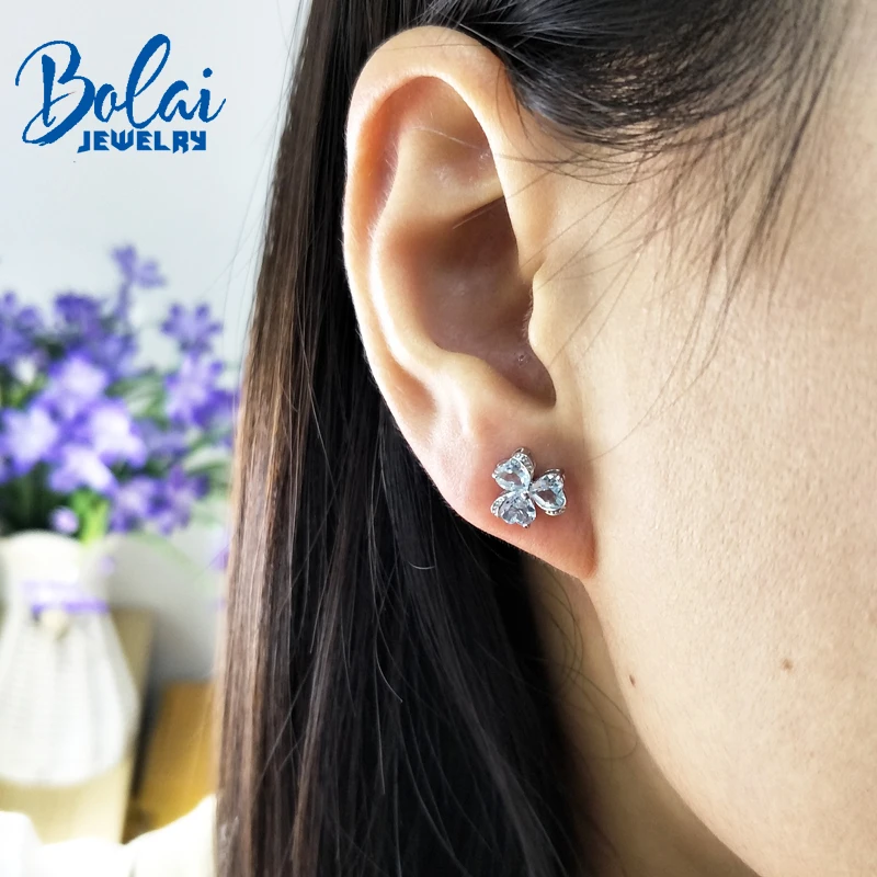 Bolaijewelry серьги в форме сердца с натуральным бразильским аквамарином драгоценные