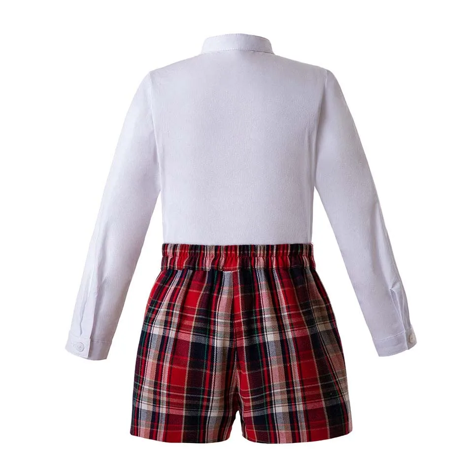 Cutestyles Autumn Boys Clothing Sets White Shirt And Wine Red Grid Shorts Boutique Party Children Outfit B-DMCS107-C64 |