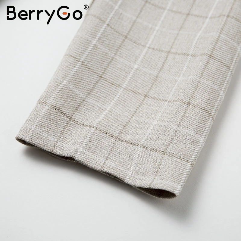 BerryGo элегантный офисный Женский блейзер платья женские Сексуальные Плиссированные клетчатые Длинные платья осенне-зимний халат Высокая талия с поясом женское платье
