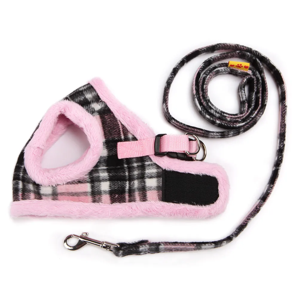 pink Славный KEK поводок для маленьких собак, осень/зима, теплый поводок для собак и поводок, набор, Классическая шотландская клетка, поводок для домашних животных, жилет, свинцовый набор, чихуахуа - Цвет: pink