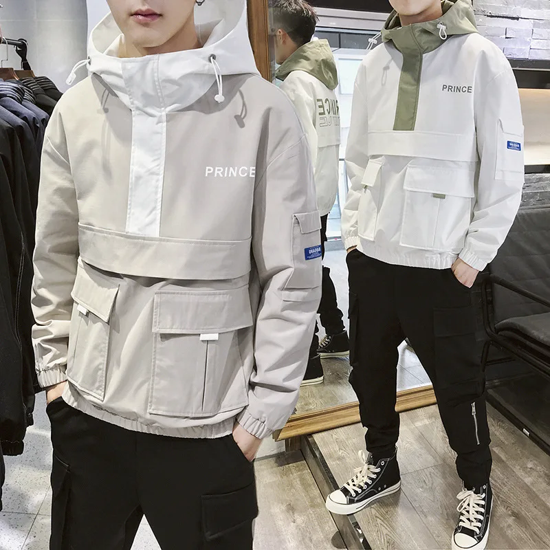 2019 в Корейском стиле для мужчин куртка с капюшоном хип хоп пэчворк ветровки