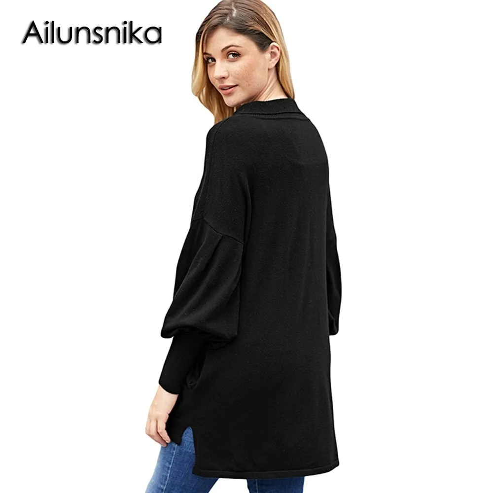 Ailunsnika Women Long Sleeve Loose Pockets Tunic Sweaters Fashion Knitting Solid Simple Autumn Casual Pullover Blouses DL27857 | Женская