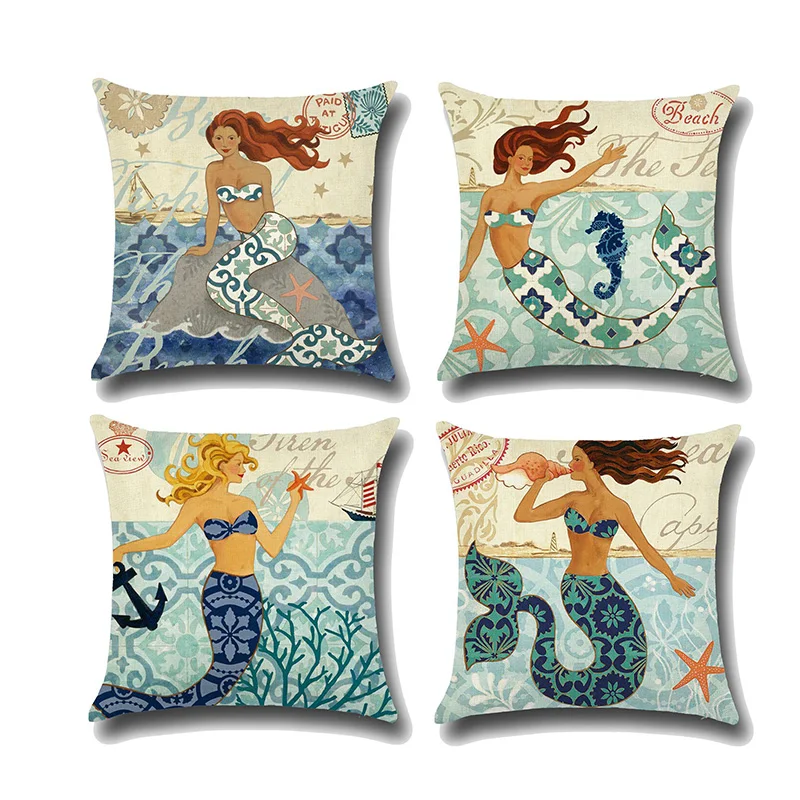 

New Classical 4 colors Mermaid Cushion Cover Printed Soft Linen Throw Pillowcase living room Seat Pillow Decorative funda cojin