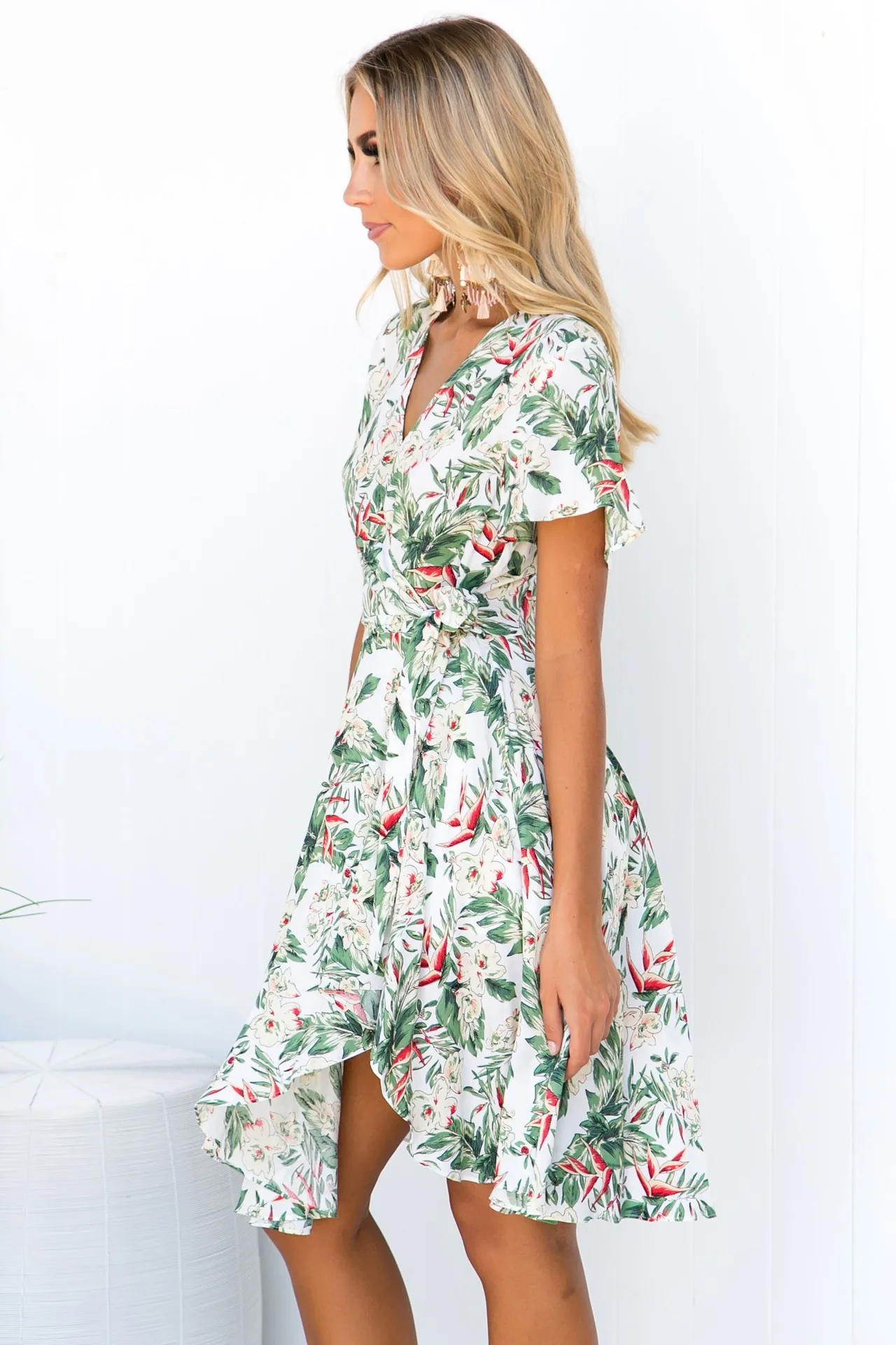 Женское повседневное пляжное платье с цветочным принтом и рукавами-фонариками