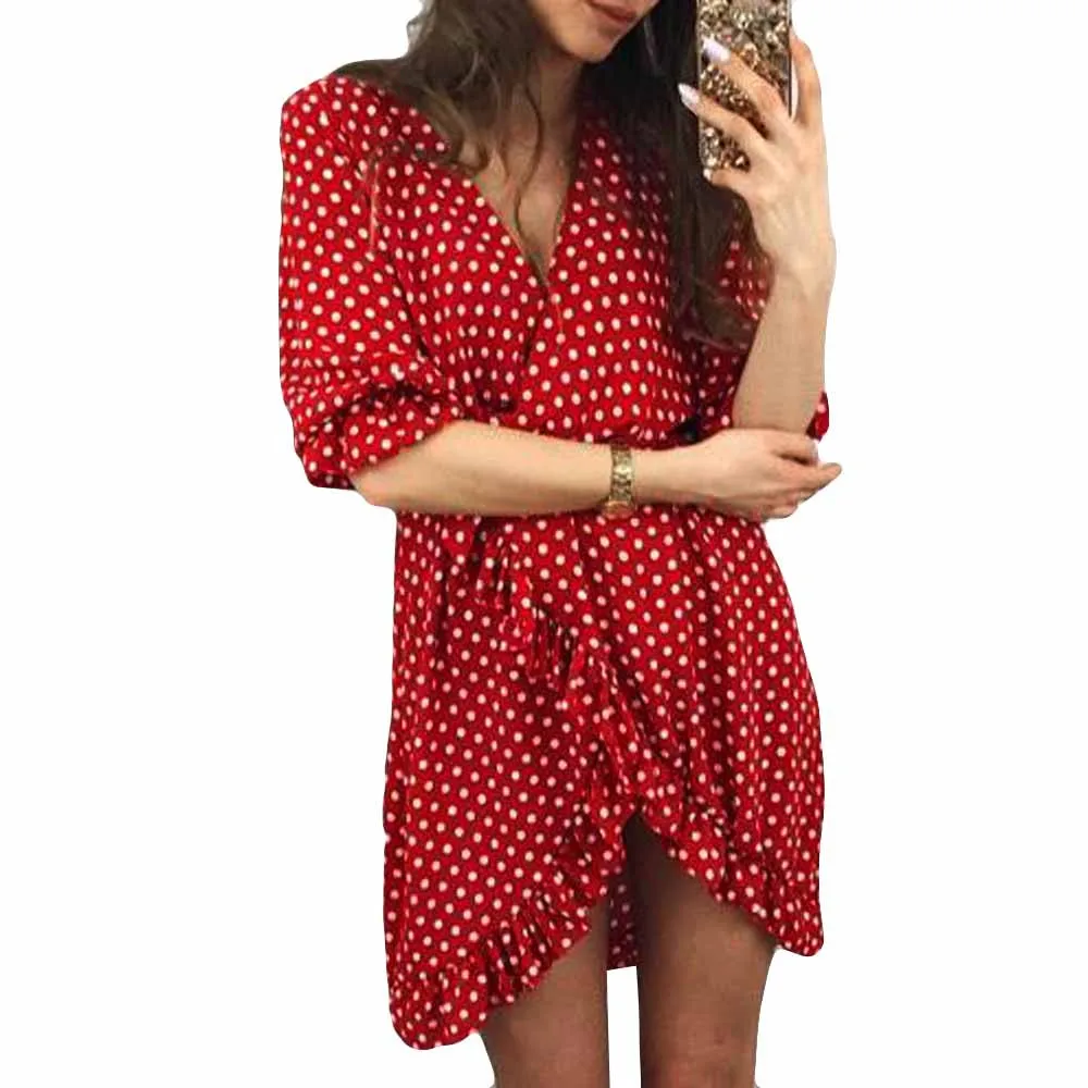 Женская точечная волновая печать с коротким рукавом повседневное мини платье