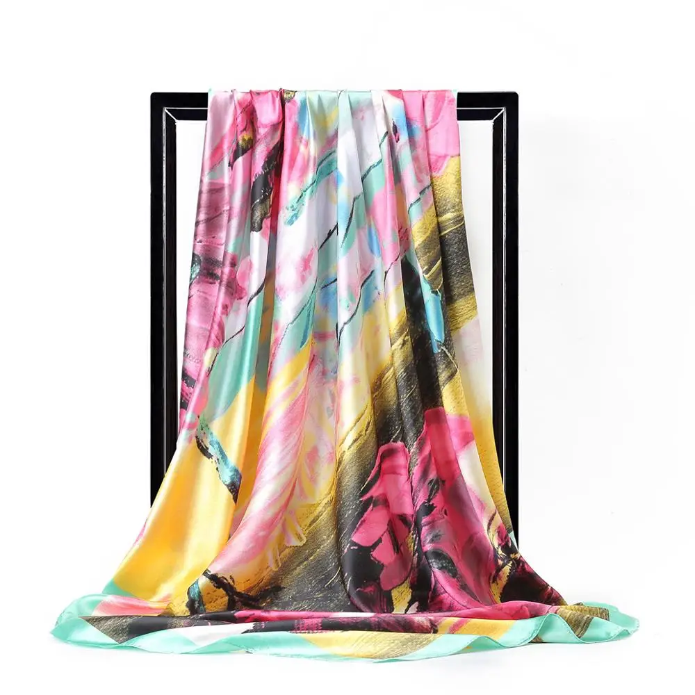 

New Colors Oil Print Silk Scarf for Women Luxury Brand Large Square Hijab Scarves 90cm*90cm Bandana Headband for Head