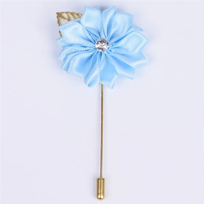baby blue Металлический золотой лист бутоньерка для жениха Шелковый атласный цветок розы Брошь для жениха для мужчин Свадебная вечеринка Выпускной мужской костюм корсаж булавка XH889Z - Цвет: baby blue