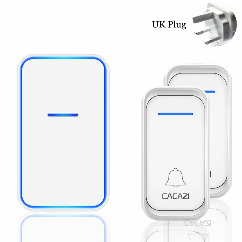 white 2x1 UK Cacazi, беспроводной дверной звонок Водонепроницаемый 300 м Пульт дистанционного управления 1 2 кнопки 1 2 приемника США ЕС Великобритания вилка умный дом Добро пожаловать звонок дверной звонок - Цвет: white 2x1 UK