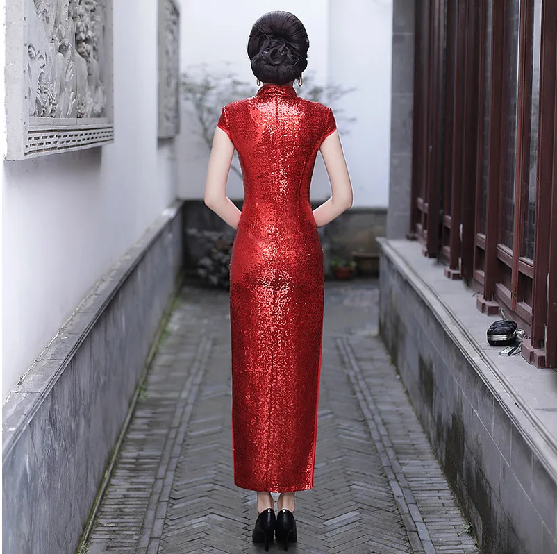 Red Cheongsam Women Traditional Dress Sexy Wedding Qipao Sequin Embroidery Chinese Oriental Dresses Vestidos Formales Long QiPao |