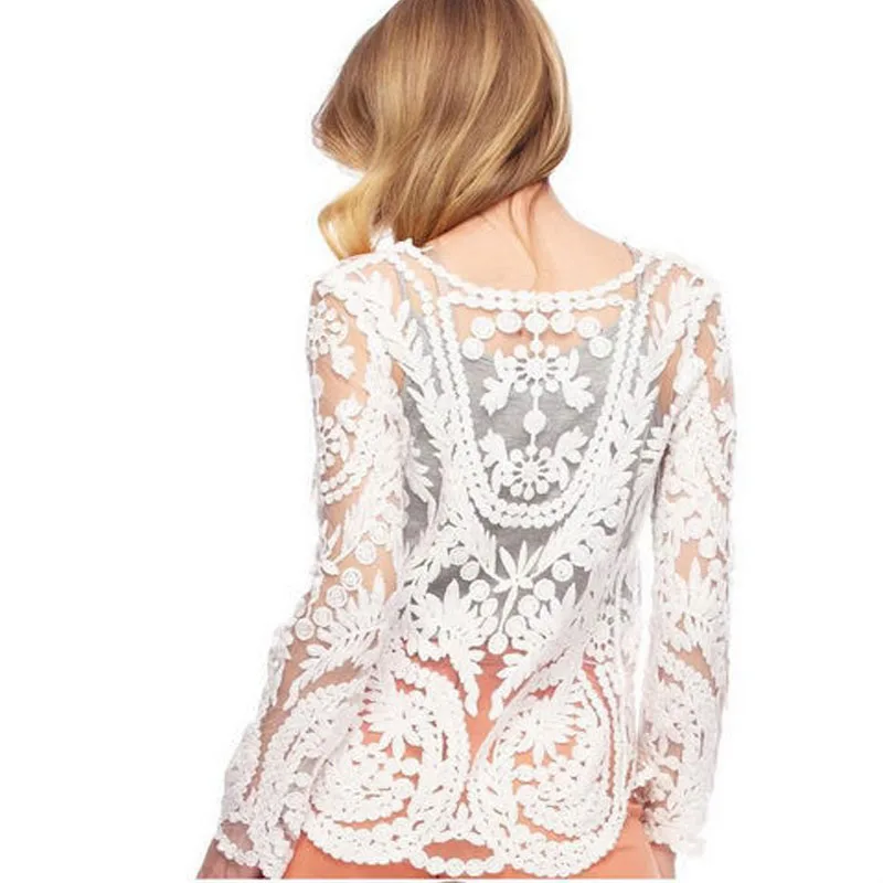 Женская блузка с длинным рукавом кружевная о вырезом и цветочным принтом|long sleeve