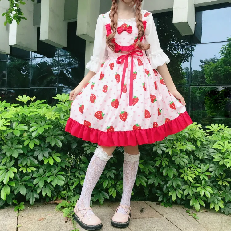 strawberry slip dres JSK/летнее милое платье-комбинация с клубникой; розовое платье в стиле Лолиты; розовое платье на бретельках с оборками и рисунком вишни; блузка - Цвет: strawberry slip dres