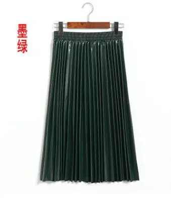 Dark green Новинка, женская тонкая кожаная юбка, плиссированная длинная юбка, Женская плиссированная юбка из искусственной кожи, юбка средней длины в стиле ретро с высокой талией - Цвет: Dark green