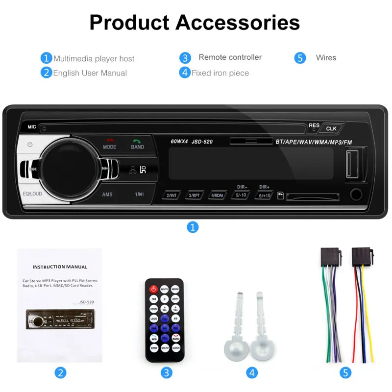 Авторадио 1 din автомобильное радио JSD 520 стерео bluetooth аудио mp3 рекордер usb sd aux вход oto