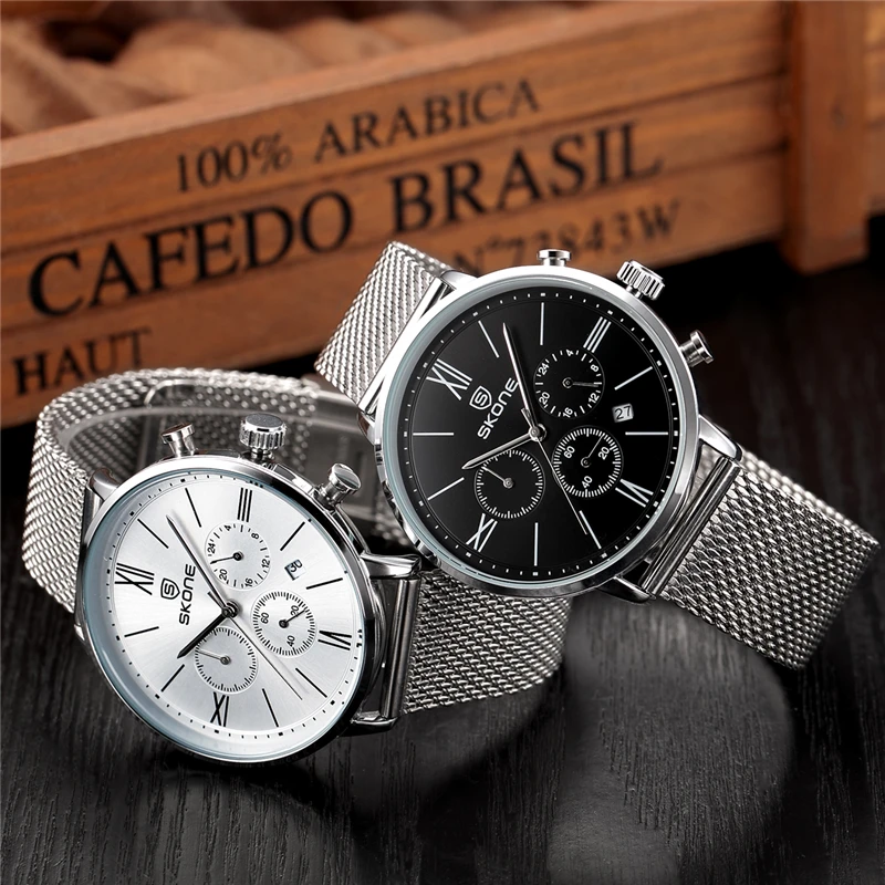 SKONE часы мужские Роскошные бизнес нержавеющая сталь сетка календарь