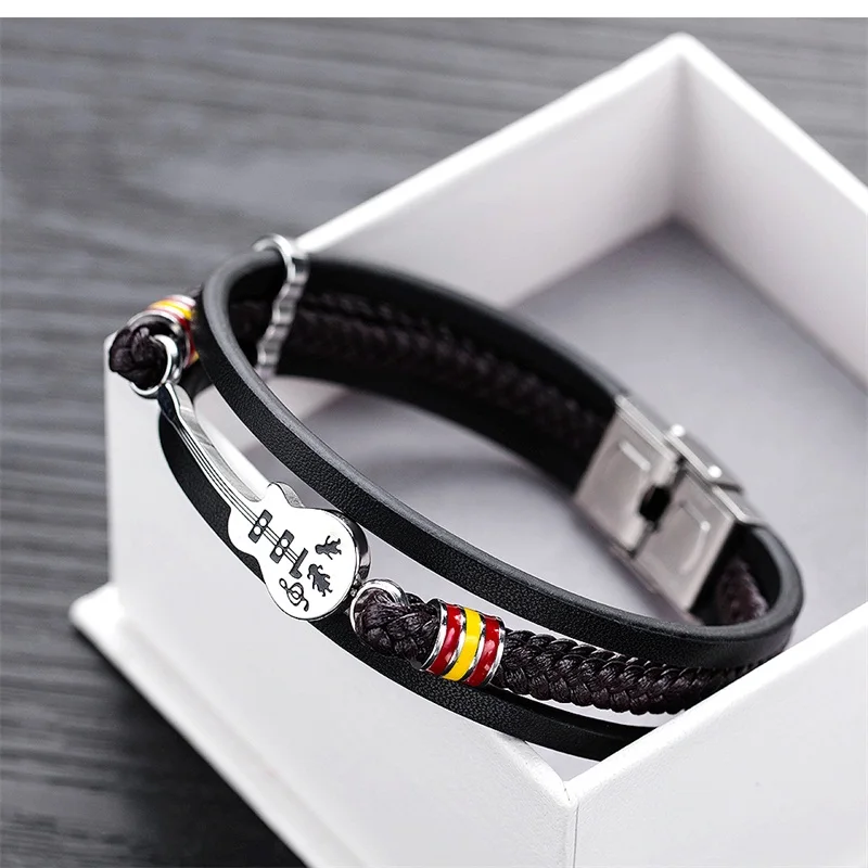V.YA New Style Guitar Black Bracelet For Male Stainless Steel Braided Multilayers PU Leather Adjustable Bangle Men | Украшения и