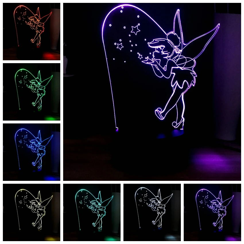 3D визуальная лампа Сказочный динь-колокольчик RGB 7 цветов меняющая прикроватная