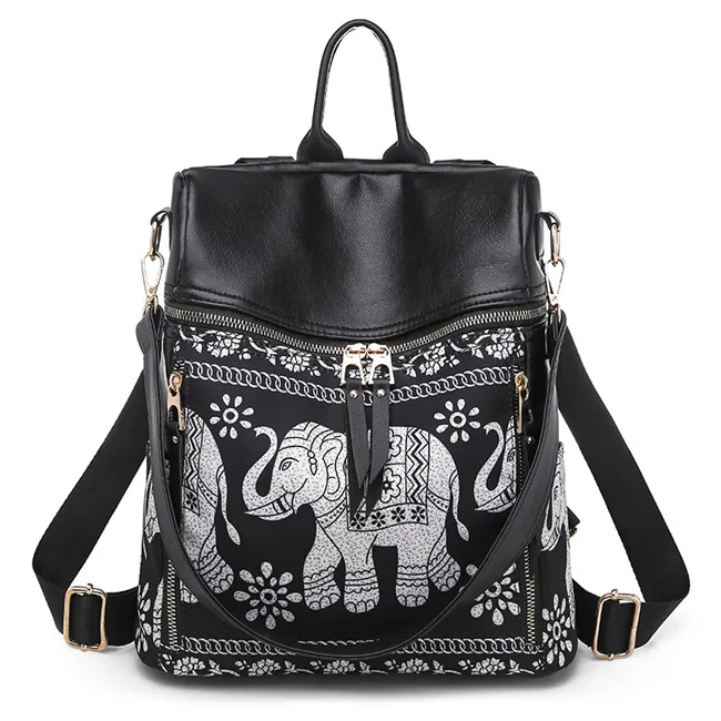 Black PU 3-в-1 Для женщин рюкзаки модные кофточки с изображением слона сумки на плечо из искусственной кожи и оксфордская школьная сумка женская Повседневное дорожные сумки Mochila - Цвет: Black PU