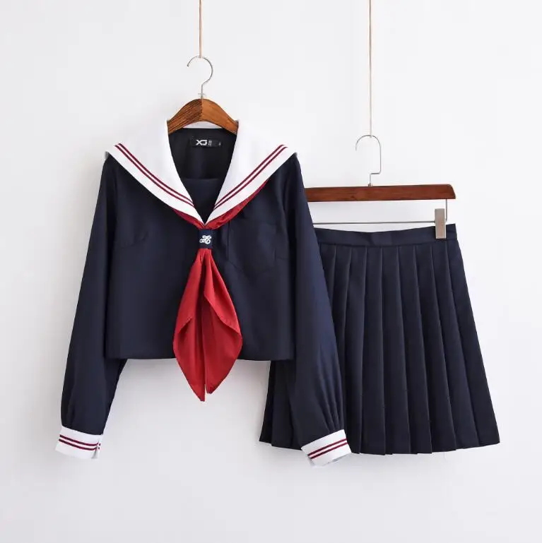 127 long sleeve set1 Красный 2 линии с коротким рукавом японский JK наборы морской моряк школьная форма для девочек школьная форма косплей японская школьная форма JKX127 - Цвет: 127 long sleeve set1