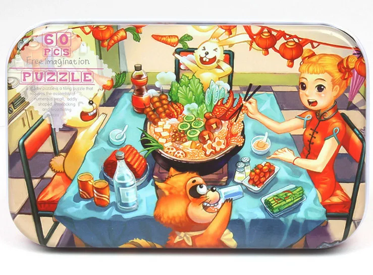 KY-24 60 шт. деревянные игрушки-пазлы с железной коробкой Детские Мультяшные животные деревянные Обучающие игрушки-пазлы для детей Рождественский подарок - Цвет: KY-24