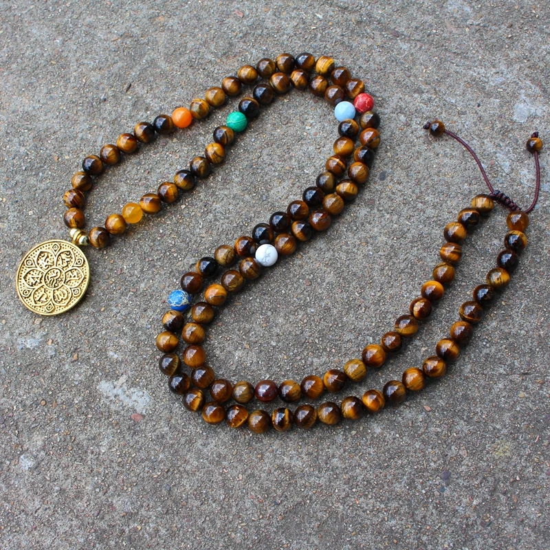 8mm Natural Beads, Eye Tigers, JapaMala, 8 Chakras Mala Beads, Lotus Necklace, 108 Beads Necklace