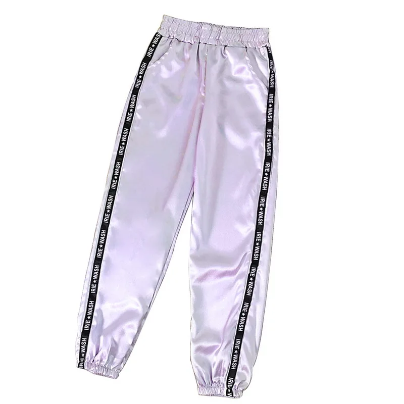 Light Purple Прямая OEAK летние атласные яркие брюки Женские глянцевые спортивные брюки с лентами Харадзюку джоггеры женские спортивные брюки - Цвет: Light Purple