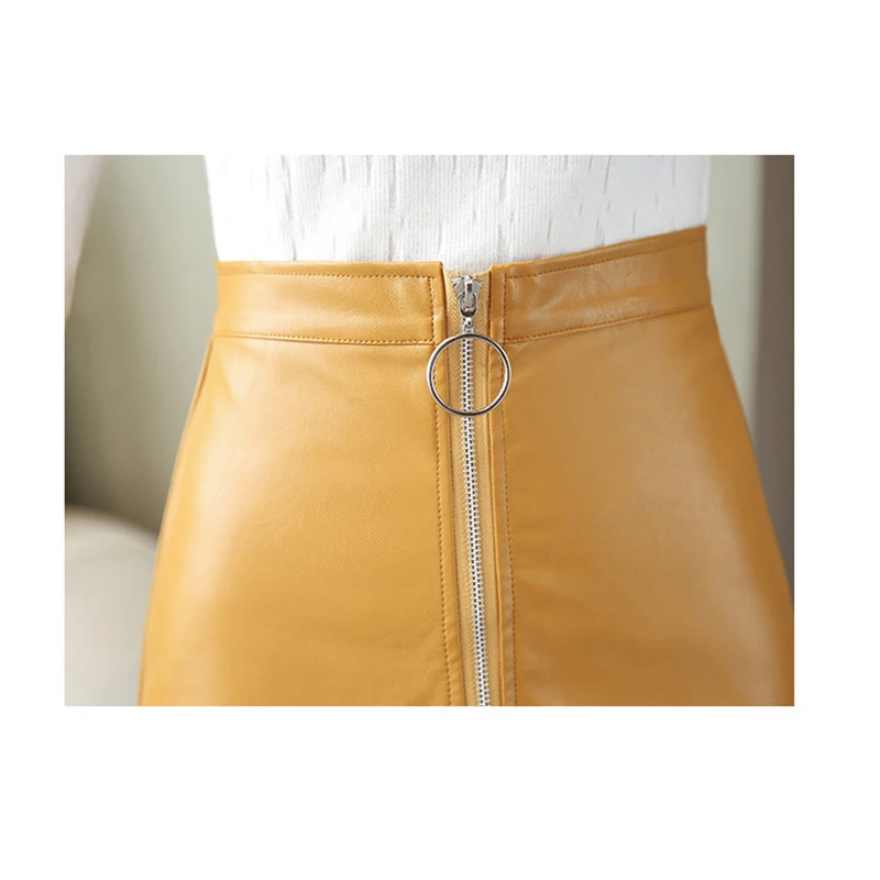 Spring Summer Casual PU Leather Skirt Women Elegant Zipper Mini A-Line Skirt Lady Skinny High Waist Skirts
