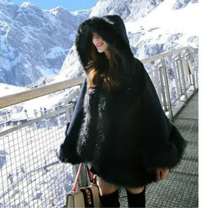 Милое теплое зимнее пальто из искусственного меха лисы, Свободный плащ с капюшоном и рукавами летучая мышь, плащ с капюшоном, накидка с длинным ворсом