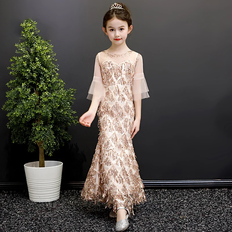 

Kid dress for girl party and elegant long evening gown 2019 slim fishtail wedding dress catwalk show costume flower girl sequin