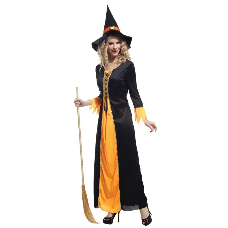 

Adult Black Orange Gothic Witch Sorceress Cosplay Costume for Women Fantasia Halloween Carnival Mardi Gras Party Dress W-0028