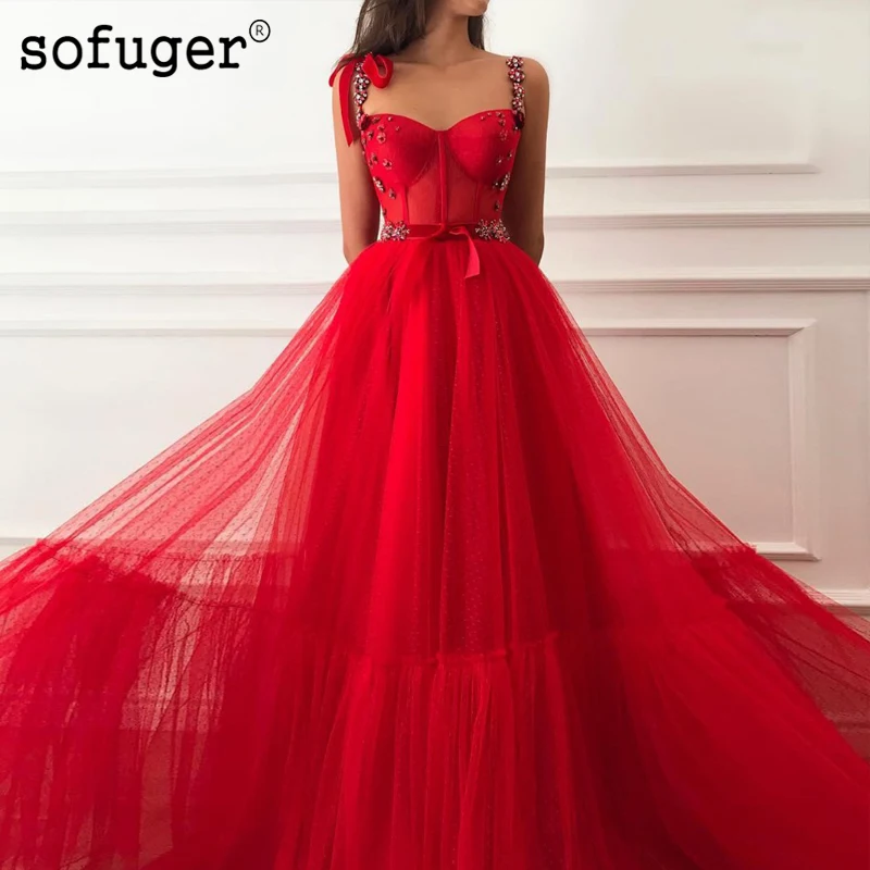 

Red Floral Evening Dresses With Crystal Sash Bow Beaded A-line Prom Gowns Abendkleider Formal Dress Grace