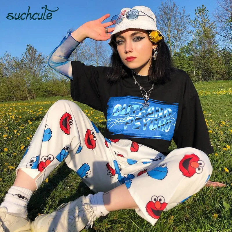 SUCHCUTE Женская футболка неоновый плюс размер с Черный Принт с буквами Лето Modis готические Топы Harajuku корейский стиль Женская рубашка