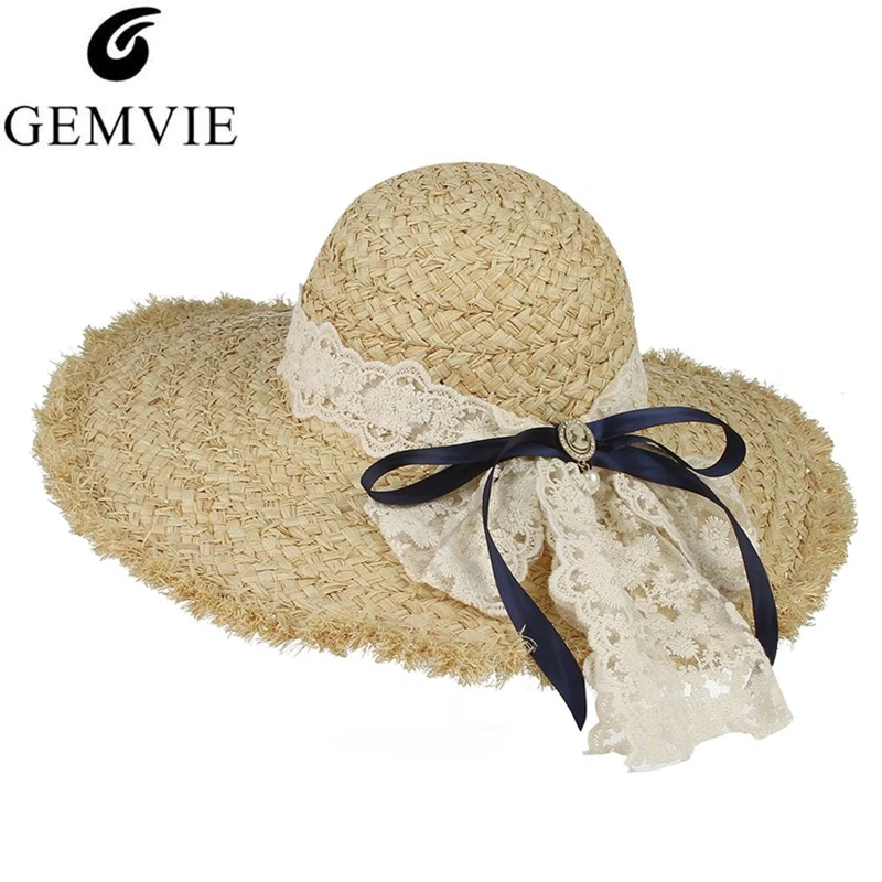GEMVIE элегантные кружевные соломенная шляпа Bowknot для женщин летние гибкие широкие