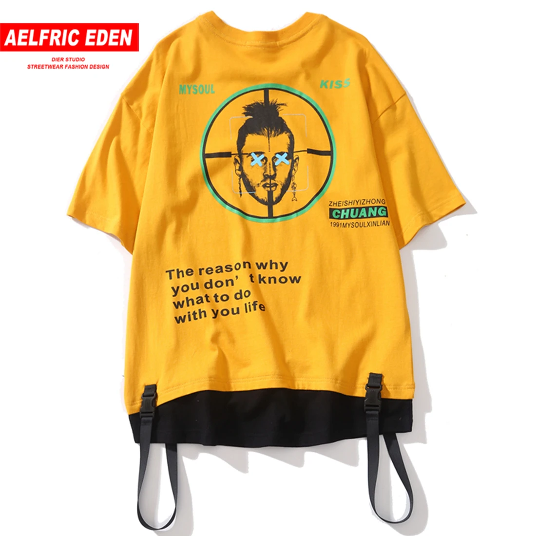 Aelfric Eden Rapper с принтом ленты мужские футболки поддельные две части цвет блок хип хоп Уличная Harajuku футболки с коротким рукавом