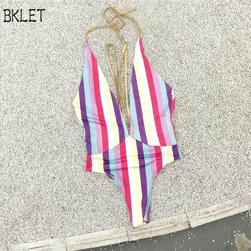 

New Woman Stripe Print One-piece Swimsuit Women Deep V-neck Lace Up Bodysuit Swimwear 2018 Beach Girl Backless Slim Monokinis