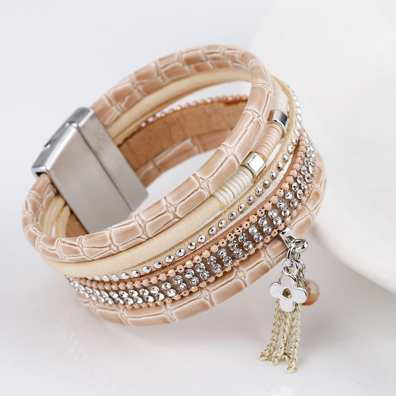 Женский кожаный браслет ALLYES многослойный широкий в богемном стиле с кисточками и