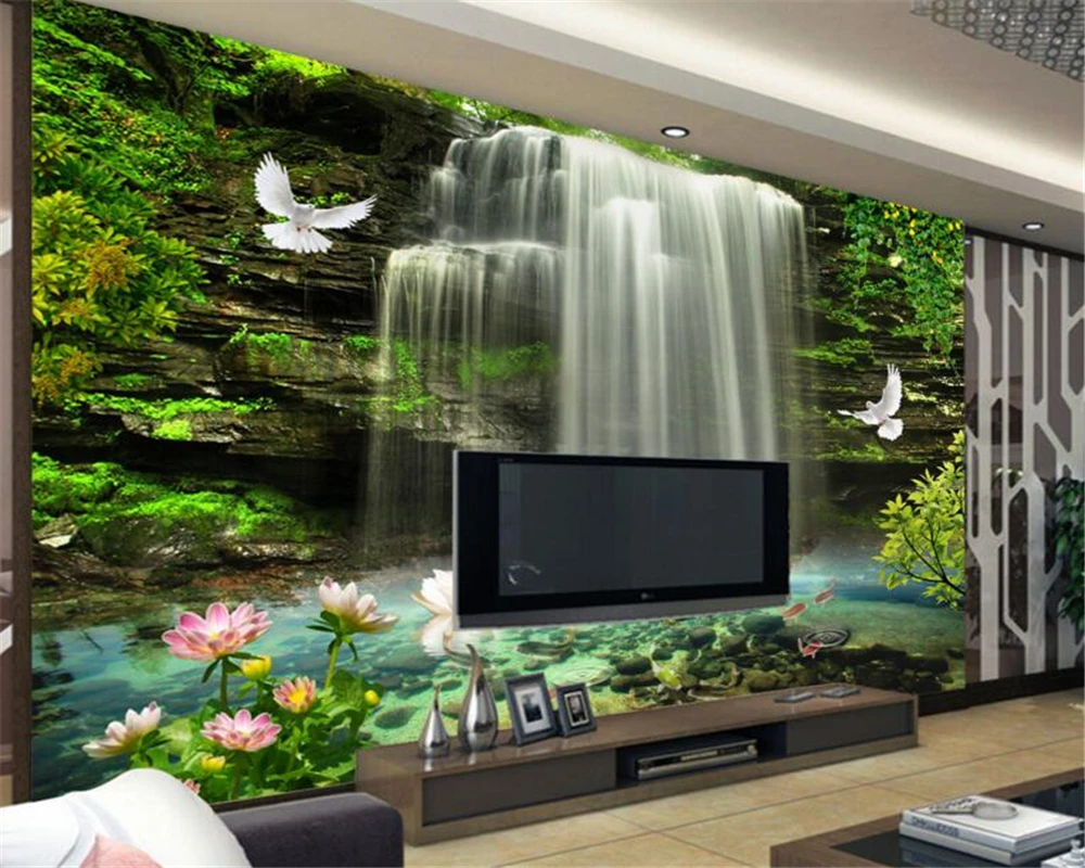 

Beibehang wallpaper Natural beauty mountain water lotus waterfall background wall decoration painting 3D wallpaper living room