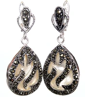 112 unique 925 silver marcasite inlay white sea shell waterdrop earrings