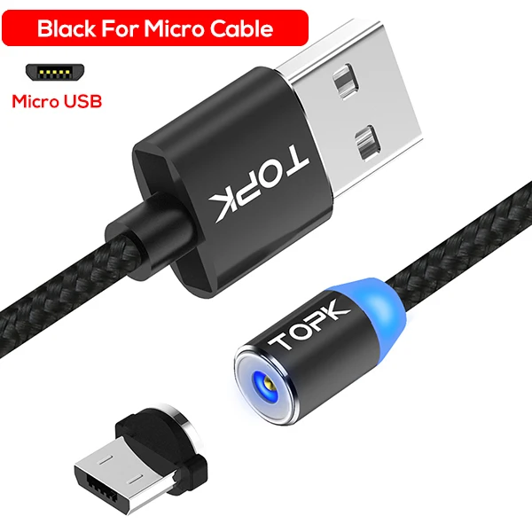 1 Black Cable 1 Plug Магнитный кабель TOPK R-Line2, 1 м и 2 м, кабель Micro USB, светодиодный, индикатор, нейлоновая оплетка, Магнитный зарядный кабель для samsung S7 Edge - Цвет: 1 Black Cable 1 Plug