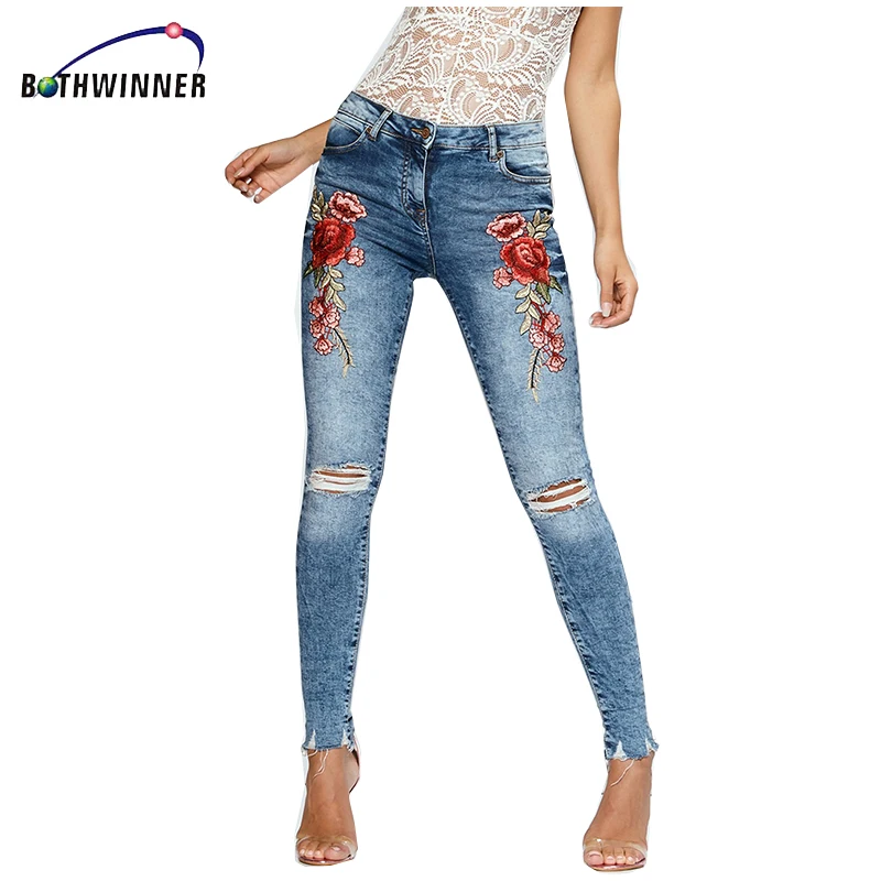 Bothwinner стрейч вышитые джинсы для женщин эластичный цветок женские узкие