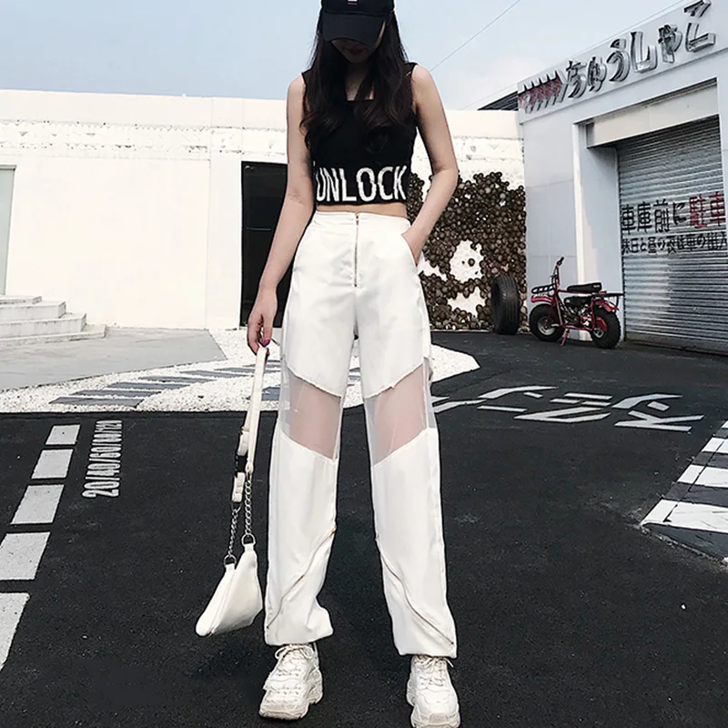 Mesh Loose Stitching Pants White Loose Harajuku BF Cargo Pants Summer Hollow Out women high waist pants joggers baggy trousers