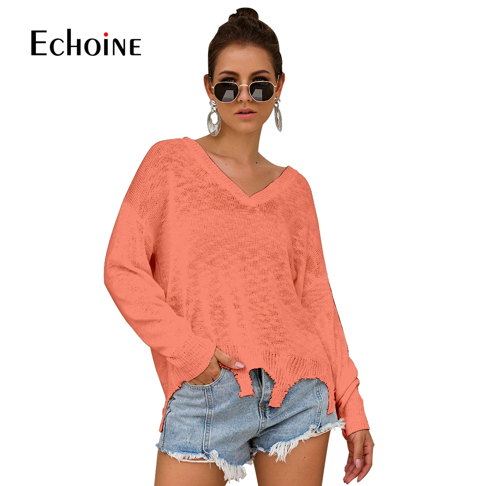 Casual New Loose Tassel Sweater Women V-Neck 2019 Fall Winter Fashion Long Sleeve Knit Pullovers Jumper Sexy Oversized Sweaters | Женская