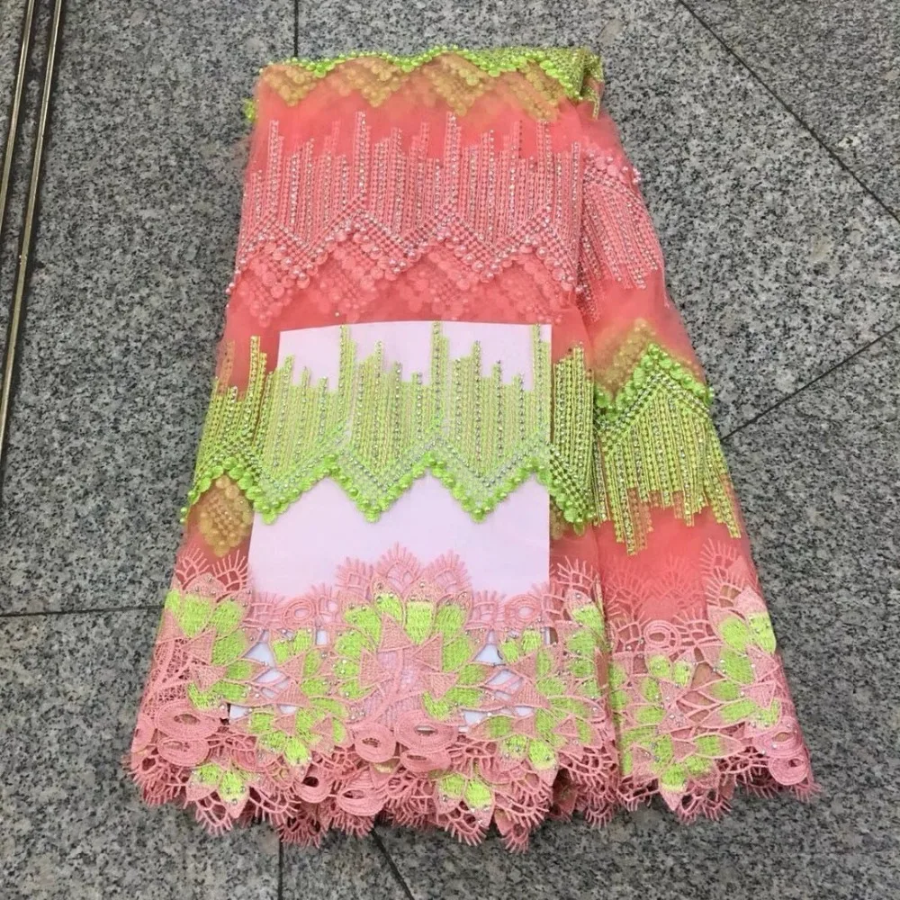 2018 Новый Королевский синий и оранжевый Африканский бисером кружевной ткани для