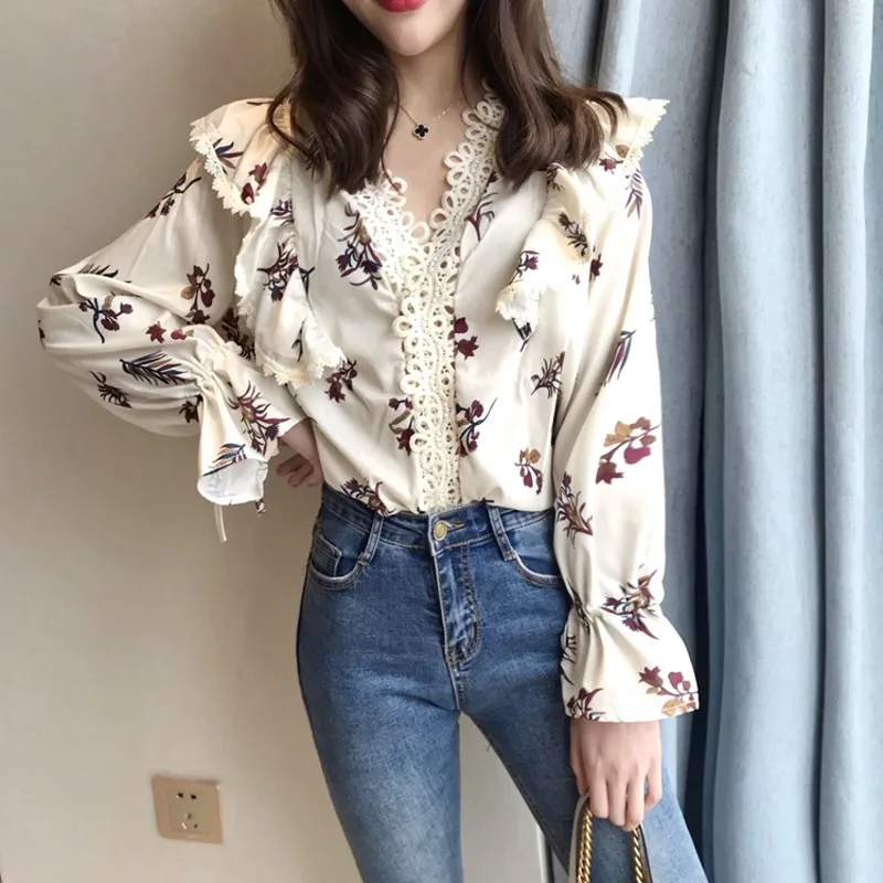 

Новая блузка, модная женская одежда, Сексуальная кружевная белая рубашка с длинным рукавом и цветочным принтом, Повседневная Блузка, свобод...