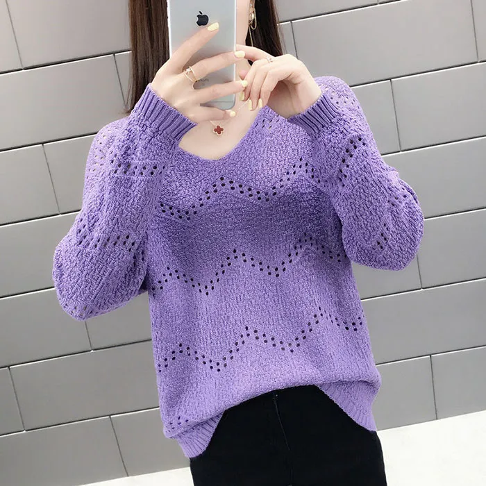 

2019V-Neck Hollow Pullover Sweater Women's Shirt XXL Spring Autumn New Loose Thin Section Fashion Wild Sweater Simple Female B10