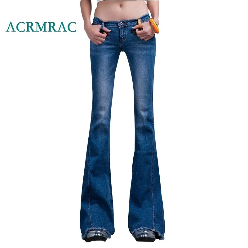 

ACRMRAC Women's jeans 2018 Spring and autumn Slim blue Spliced Middle waist Skinny Flare Pants Full Length jeans Women